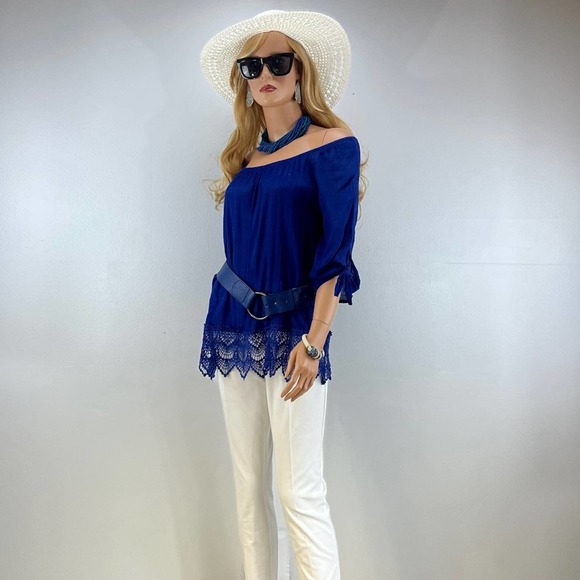 Tunic Royal blue, off the shoulders Top .Elbo length tie sleeves, Lace trim - Picture 1 of 5